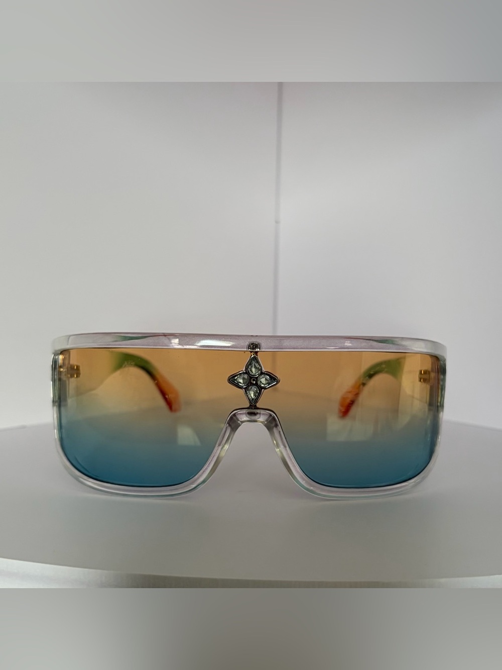 Transparent Frame Gradient Lens Sunglasses with Decorative Accent - Blue/Orange